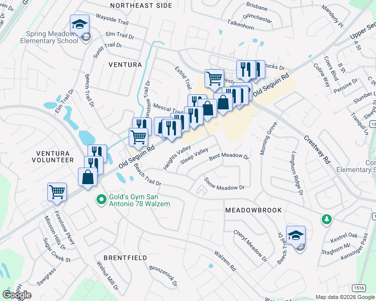map of restaurants, bars, coffee shops, grocery stores, and more near 8155 Steep Valley in Converse