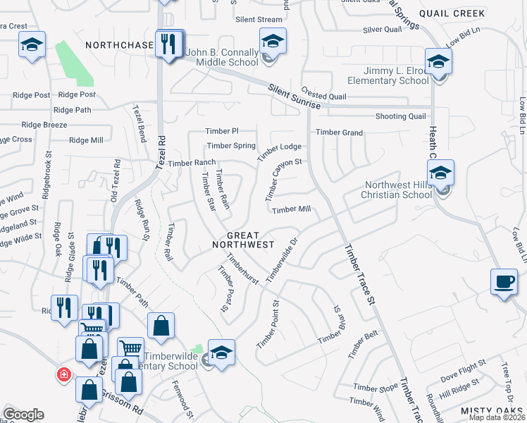 map of restaurants, bars, coffee shops, grocery stores, and more near 8554 Timber Lodge in San Antonio