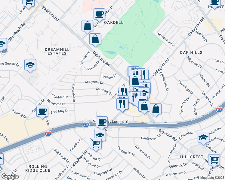 map of restaurants, bars, coffee shops, grocery stores, and more near 4506 Chedder Drive in San Antonio
