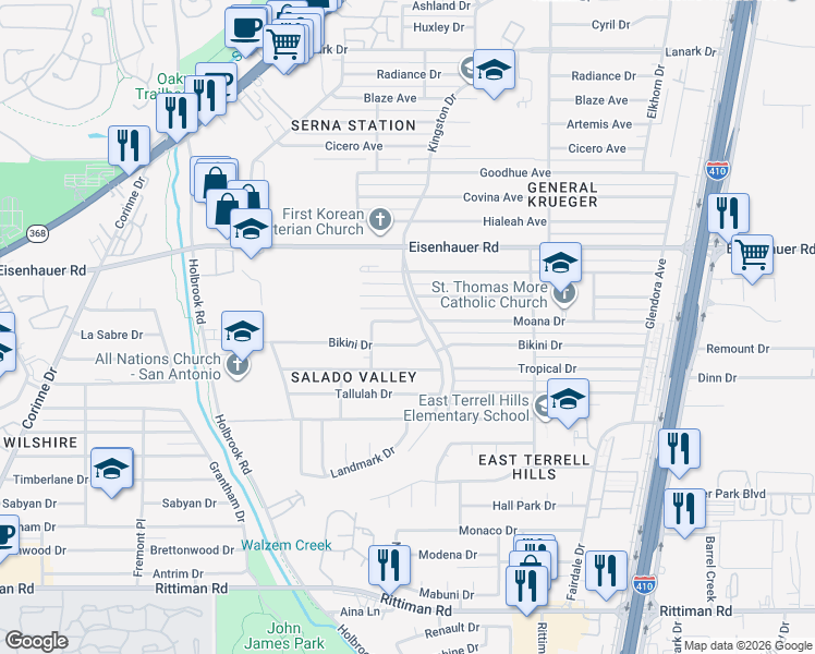 map of restaurants, bars, coffee shops, grocery stores, and more near 4138 Waikiki Drive in San Antonio