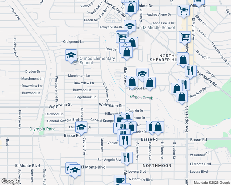 map of restaurants, bars, coffee shops, grocery stores, and more near 6907 Basilwood Drive in San Antonio