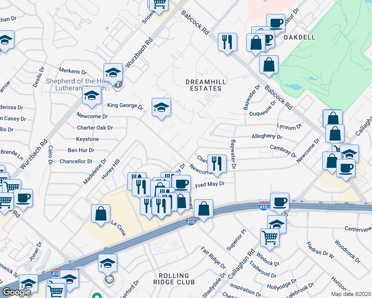 map of restaurants, bars, coffee shops, grocery stores, and more near 4900 Ali Avenue in San Antonio