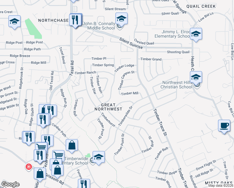 map of restaurants, bars, coffee shops, grocery stores, and more near 8554 Timber Lodge in San Antonio