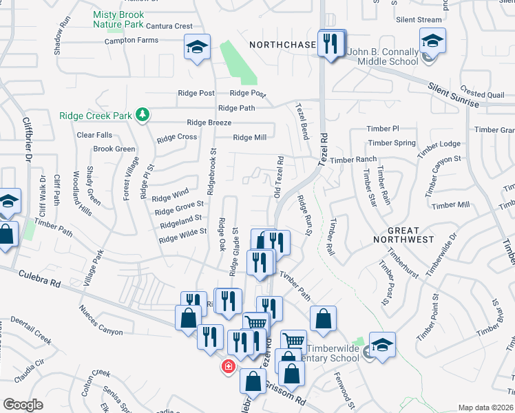 map of restaurants, bars, coffee shops, grocery stores, and more near 8955 Hambledon Drive in San Antonio