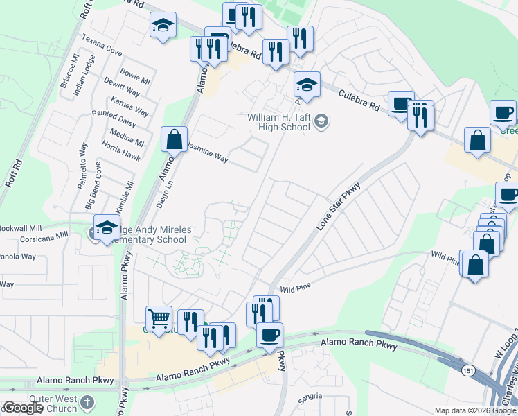 map of restaurants, bars, coffee shops, grocery stores, and more near 6311 Geranium in San Antonio