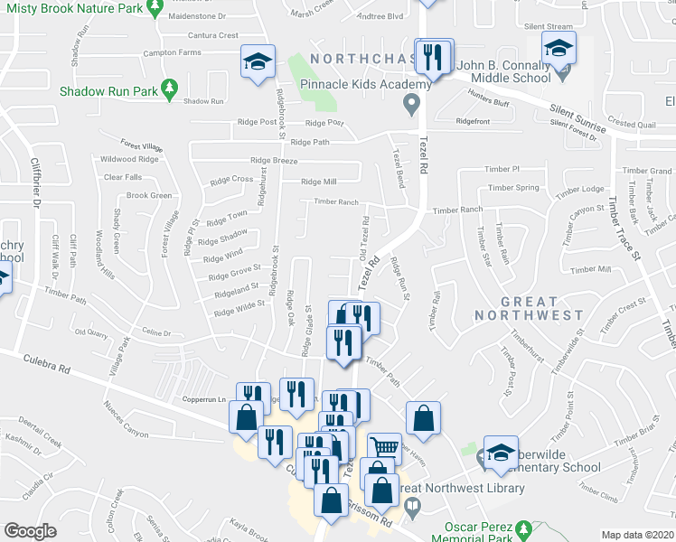 map of restaurants, bars, coffee shops, grocery stores, and more near 8955 Hambledon Drive in San Antonio