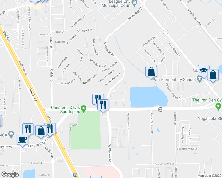 map of restaurants, bars, coffee shops, grocery stores, and more near 1745 West Walker Street in League City