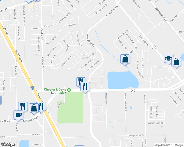 map of restaurants, bars, coffee shops, grocery stores, and more near 1651 West Walker Street in League City