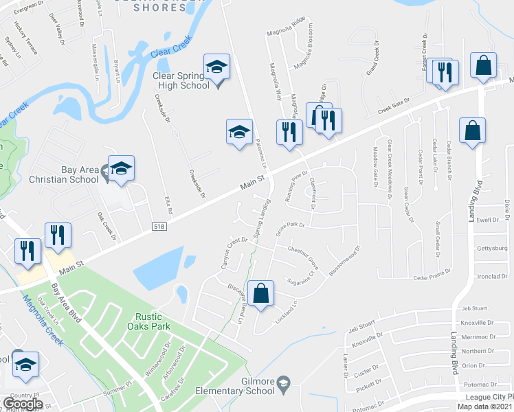 map of restaurants, bars, coffee shops, grocery stores, and more near 4504 Spring Iris Lane in League City