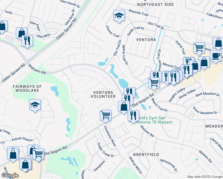 map of restaurants, bars, coffee shops, grocery stores, and more near 7010 Elk Trail in San Antonio