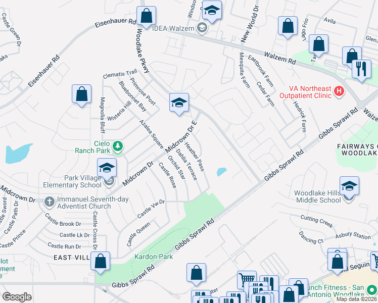 map of restaurants, bars, coffee shops, grocery stores, and more near 4938 Heather Pass in San Antonio