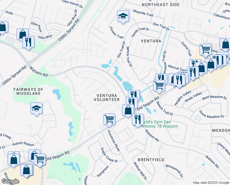map of restaurants, bars, coffee shops, grocery stores, and more near 7010 Elk Trail in San Antonio