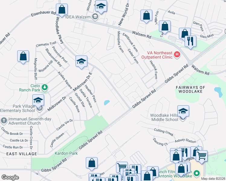 map of restaurants, bars, coffee shops, grocery stores, and more near 31 Lyndsey Place in San Antonio