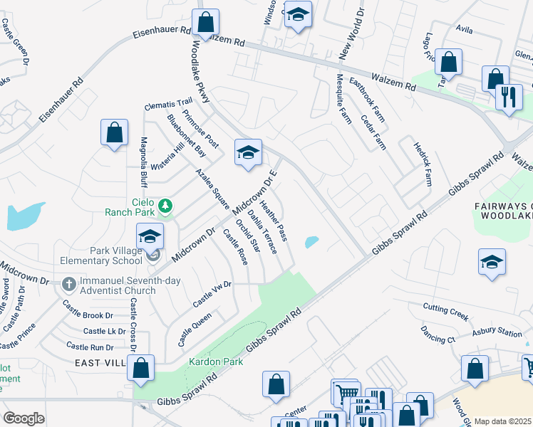 map of restaurants, bars, coffee shops, grocery stores, and more near 4938 Heather Pass in San Antonio
