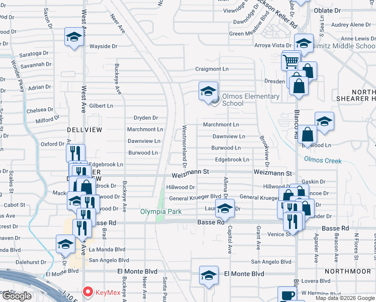 map of restaurants, bars, coffee shops, grocery stores, and more near 318 Westmoreland Drive in San Antonio