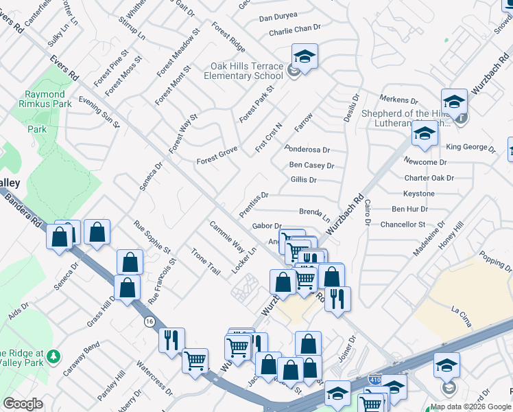 map of restaurants, bars, coffee shops, grocery stores, and more near 6638 Forest Dell Street in San Antonio