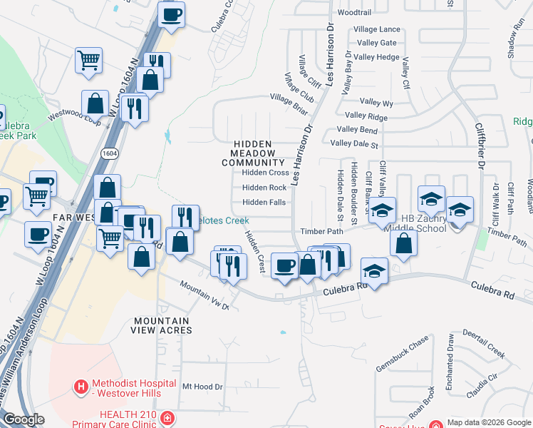 map of restaurants, bars, coffee shops, grocery stores, and more near 9746 Hidden Falls in San Antonio