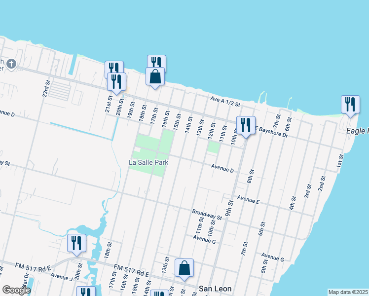 map of restaurants, bars, coffee shops, grocery stores, and more near 329 14th Street in San Leon
