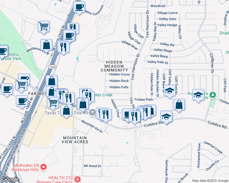 map of restaurants, bars, coffee shops, grocery stores, and more near 9746 Hidden Falls in San Antonio