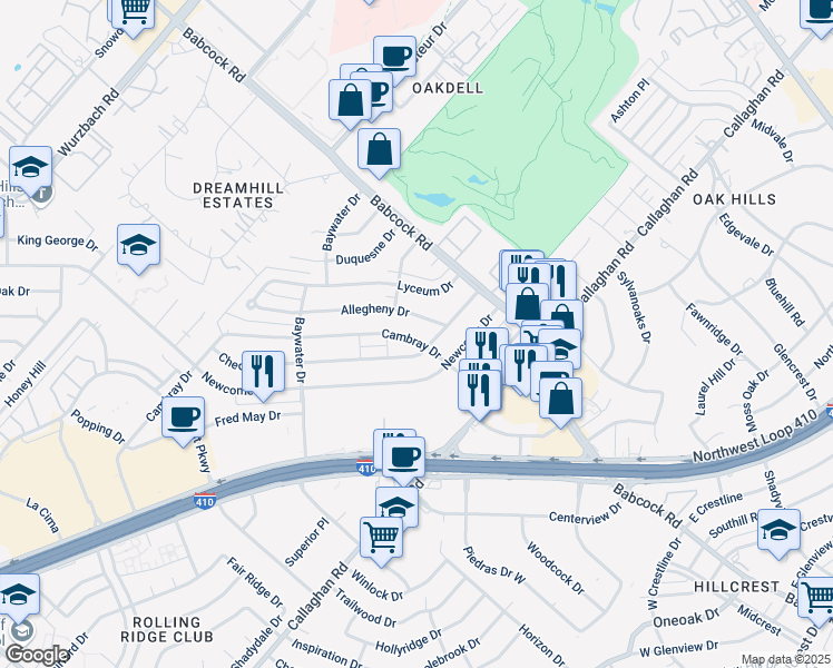 map of restaurants, bars, coffee shops, grocery stores, and more near 4526 Allegheny Drive in San Antonio