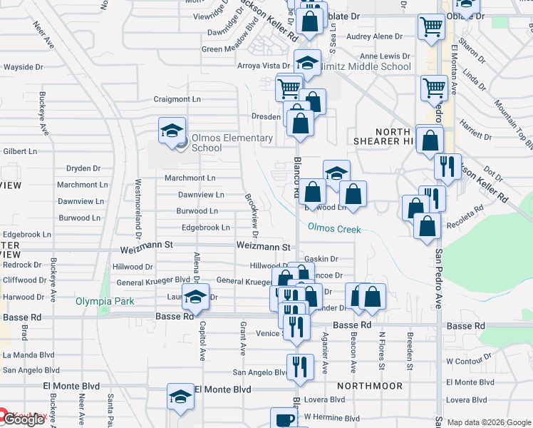 map of restaurants, bars, coffee shops, grocery stores, and more near 6907 Basilwood Drive in San Antonio