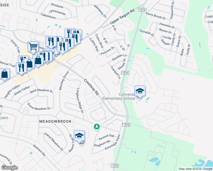map of restaurants, bars, coffee shops, grocery stores, and more near 101 Peaceful Lane in Converse