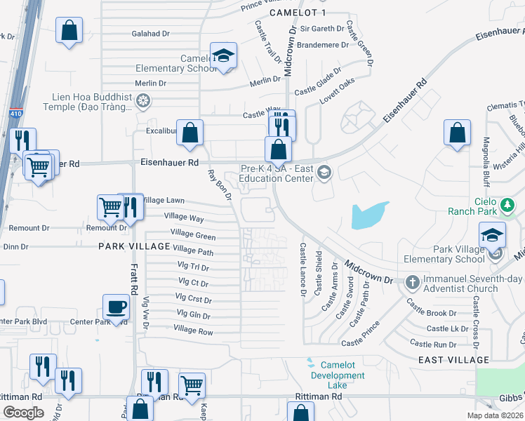 map of restaurants, bars, coffee shops, grocery stores, and more near 5414 Midcrown Drive in San Antonio