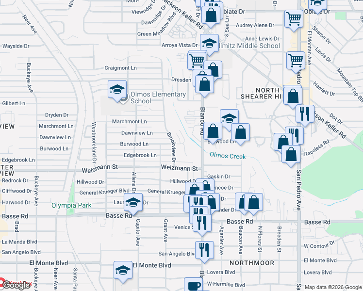 map of restaurants, bars, coffee shops, grocery stores, and more near 6907 Basilwood Drive in San Antonio