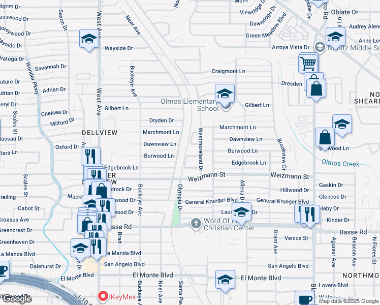 map of restaurants, bars, coffee shops, grocery stores, and more near 418 Dawnview Lane in San Antonio