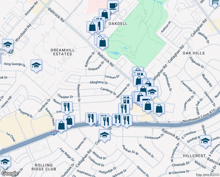 map of restaurants, bars, coffee shops, grocery stores, and more near 4526 Allegheny Drive in San Antonio