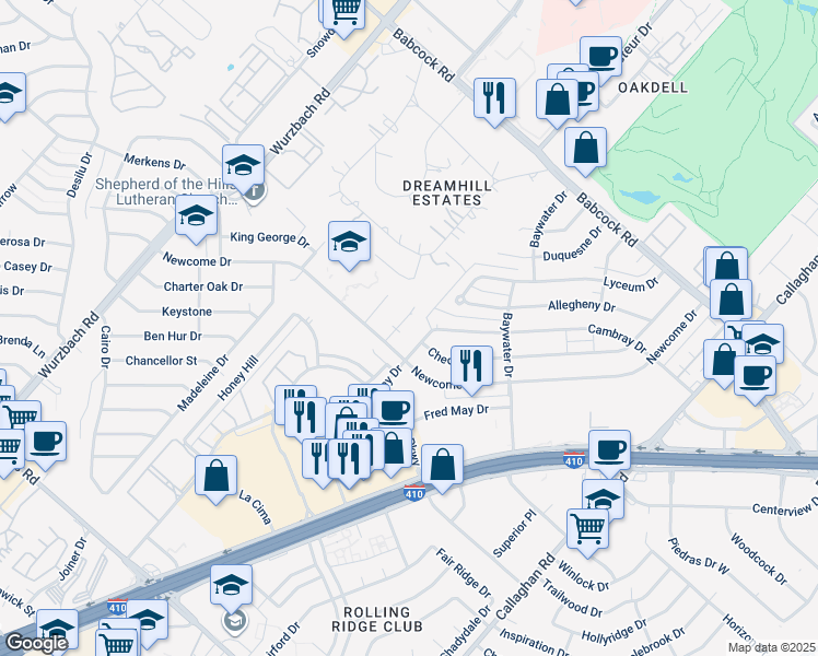 map of restaurants, bars, coffee shops, grocery stores, and more near 4900 Ali Avenue in San Antonio