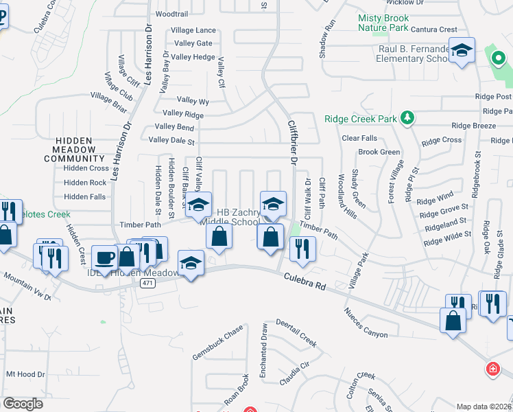 map of restaurants, bars, coffee shops, grocery stores, and more near 5919 Cliffmore Drive in San Antonio