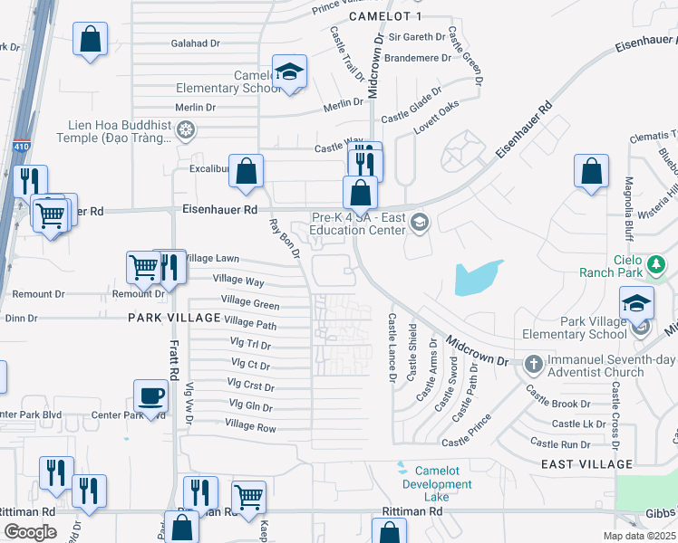 map of restaurants, bars, coffee shops, grocery stores, and more near 5414 Midcrown Drive in San Antonio
