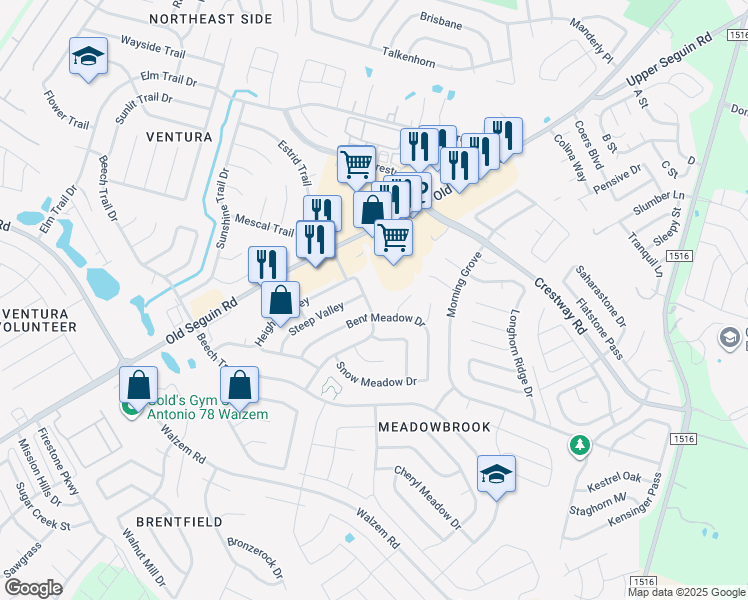 map of restaurants, bars, coffee shops, grocery stores, and more near 8227 Maple Meadow Drive in Converse