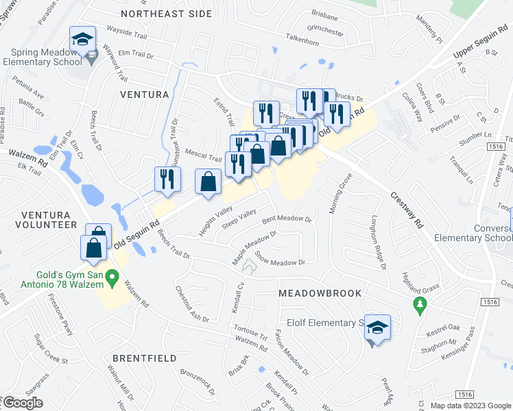 map of restaurants, bars, coffee shops, grocery stores, and more near 8314 Steep Valley in Converse