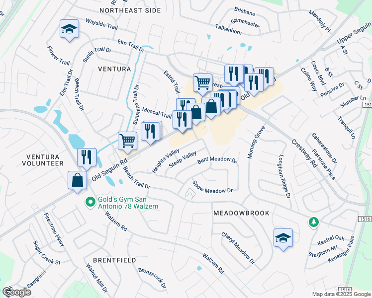map of restaurants, bars, coffee shops, grocery stores, and more near 8228 Heights Valley in Converse