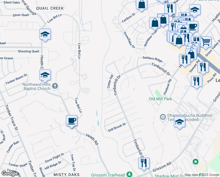 map of restaurants, bars, coffee shops, grocery stores, and more near 6511 Timberhill in San Antonio