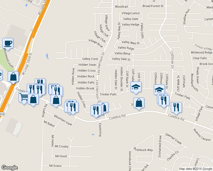 map of restaurants, bars, coffee shops, grocery stores, and more near 5935 Hidden Glade in San Antonio