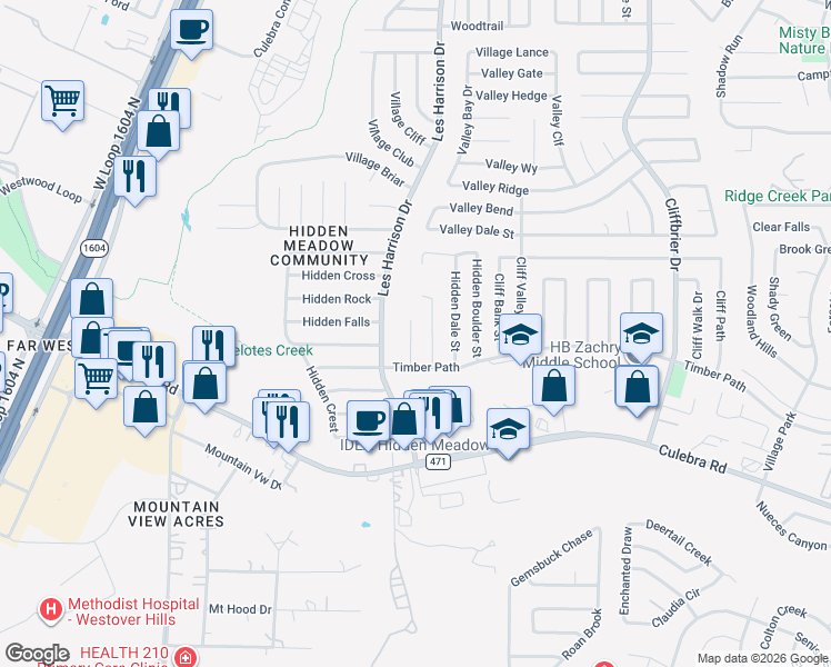 map of restaurants, bars, coffee shops, grocery stores, and more near 5935 Hidden Glade in San Antonio