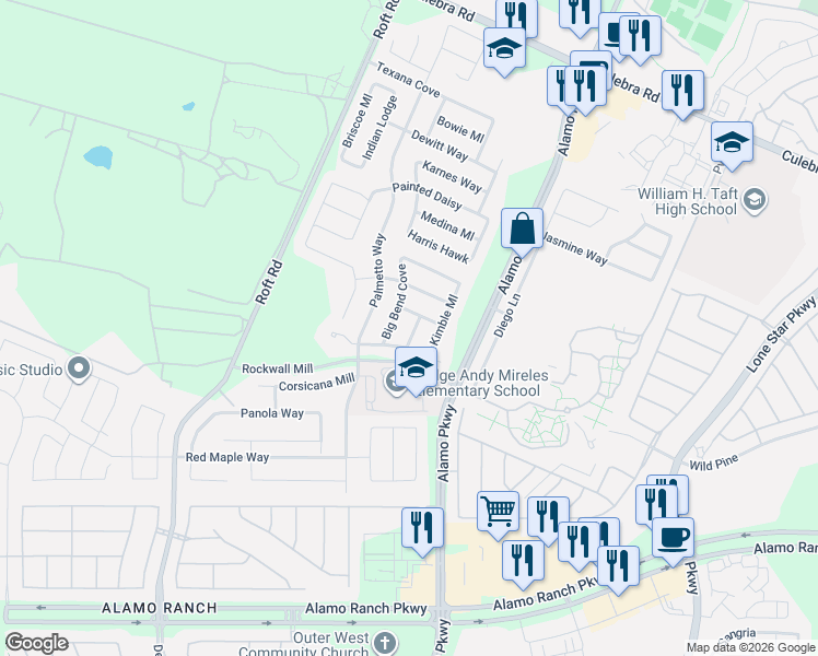 map of restaurants, bars, coffee shops, grocery stores, and more near 6130 Briscoe Leaf in San Antonio