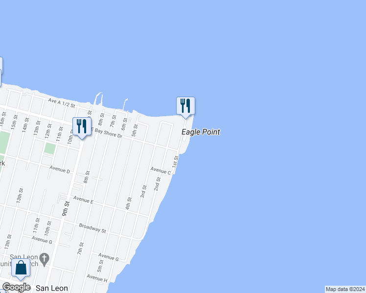 map of restaurants, bars, coffee shops, grocery stores, and more near 135 1st Street in San Leon