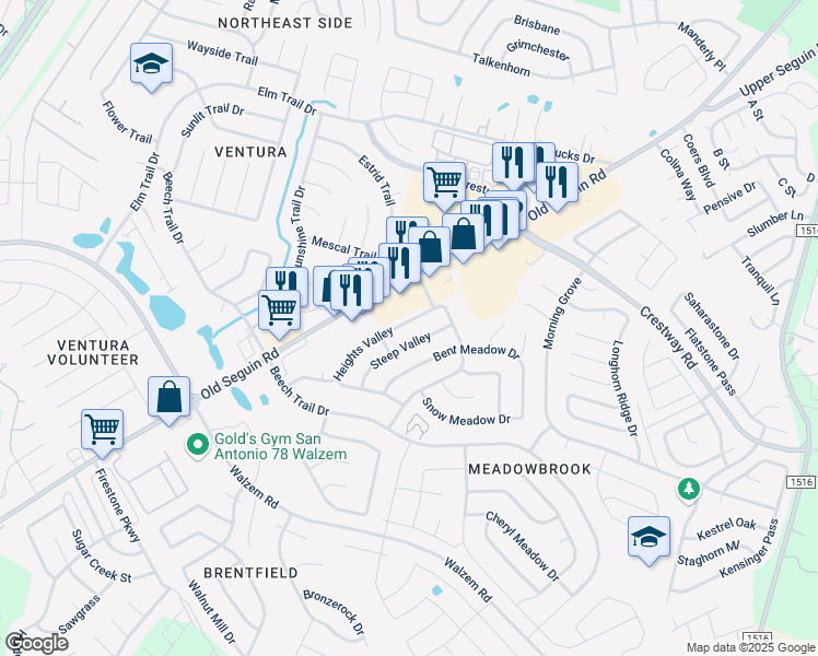 map of restaurants, bars, coffee shops, grocery stores, and more near 8228 Heights Valley in Converse