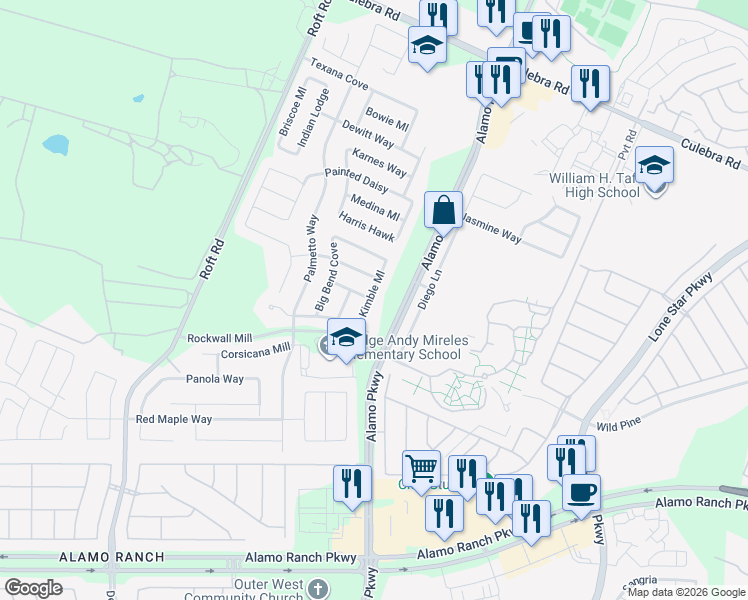 map of restaurants, bars, coffee shops, grocery stores, and more near 6226 Kimble Mill in San Antonio
