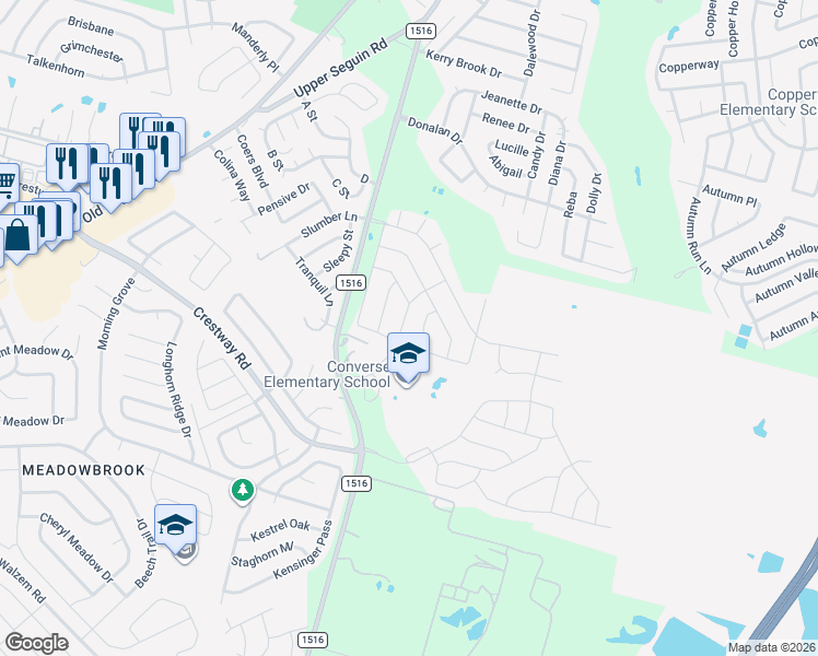 map of restaurants, bars, coffee shops, grocery stores, and more near 6810 Opus Lane in Converse