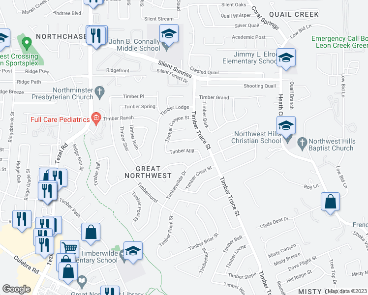 map of restaurants, bars, coffee shops, grocery stores, and more near 8423 Timber Mill in San Antonio