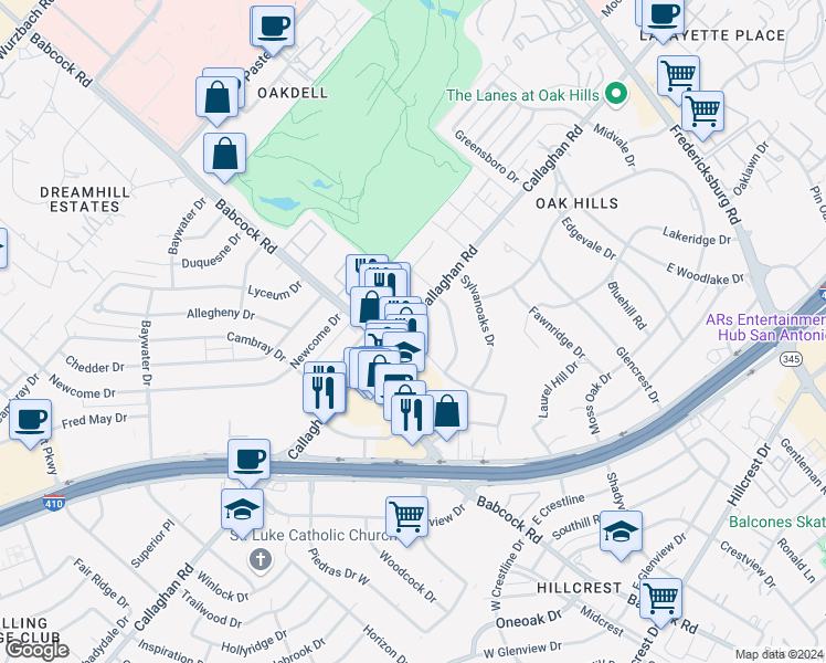 map of restaurants, bars, coffee shops, grocery stores, and more near 1701 Babcock Road in San Antonio