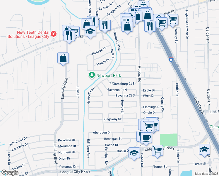 map of restaurants, bars, coffee shops, grocery stores, and more near 2111 Williamsburg Court South in League City