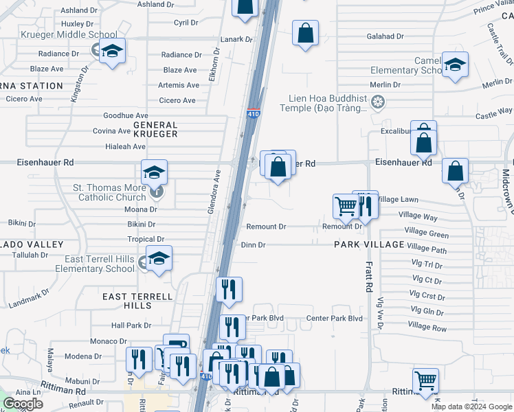 map of restaurants, bars, coffee shops, grocery stores, and more near 6922 North Interstate 35 in San Antonio