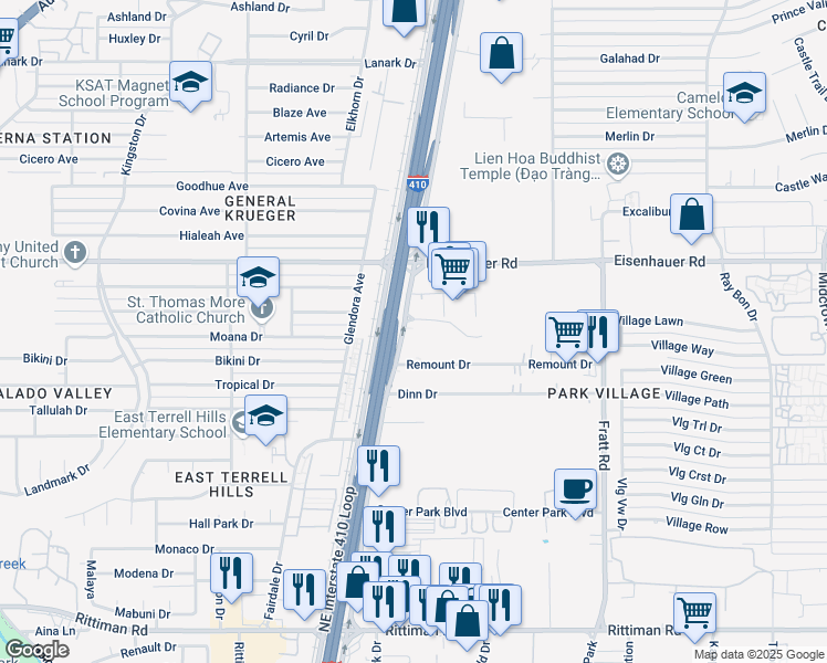 map of restaurants, bars, coffee shops, grocery stores, and more near 6922 Interstate 35 Frontage Road in San Antonio