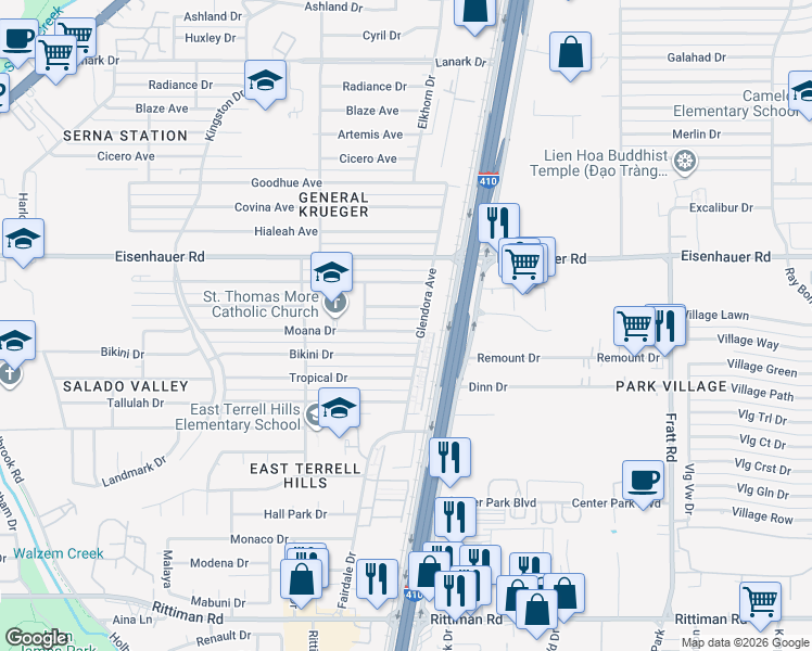 map of restaurants, bars, coffee shops, grocery stores, and more near 4534 Waikiki Drive in San Antonio